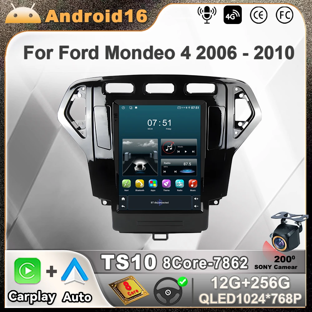 Android 16 For Ford Mondeo 4 2006 - 2010 Vertical Carplay Car Radio Navigation GPS Multimedia Player Stereo WIFI + 4G 2din BT