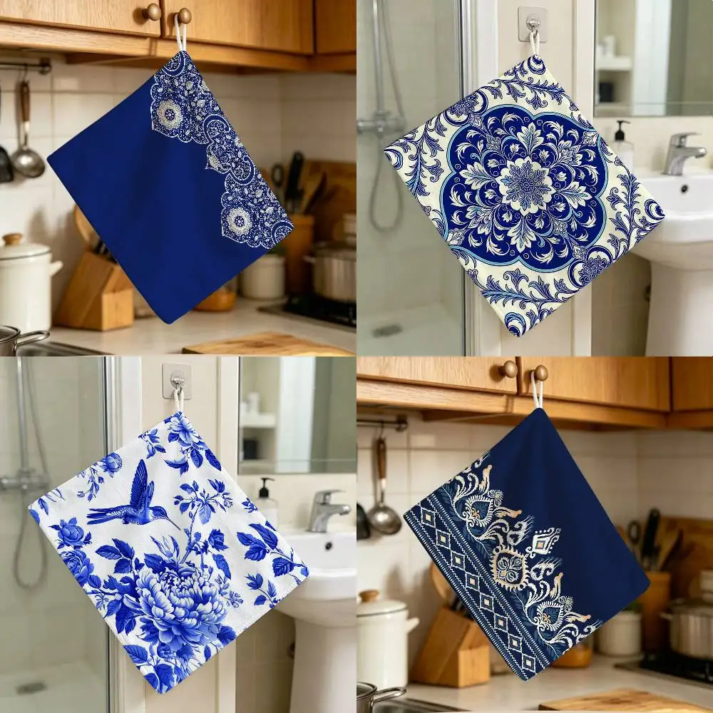 Ethnic style blue floral pattern Polyester Hanging Kitchen Hand Towel Durable Wear Resistant  Versatile Use Throughout Home