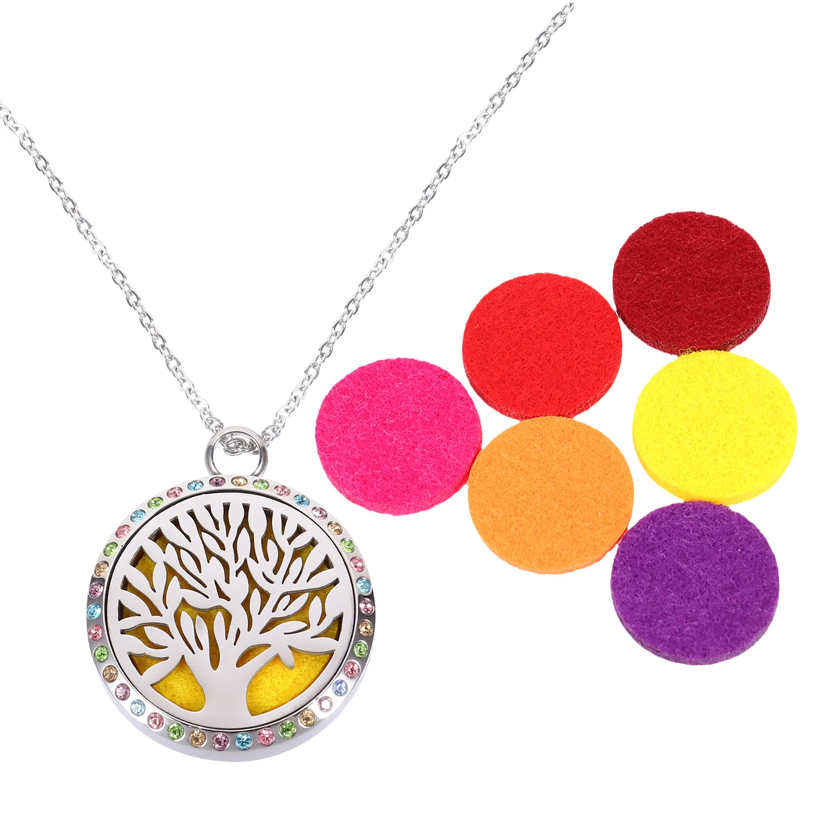 1Set Silver Aromatherapy Essential Oil Diffuser Necklace Tree Pendant Easy Replace Felt Pad Stylish Neck Decor