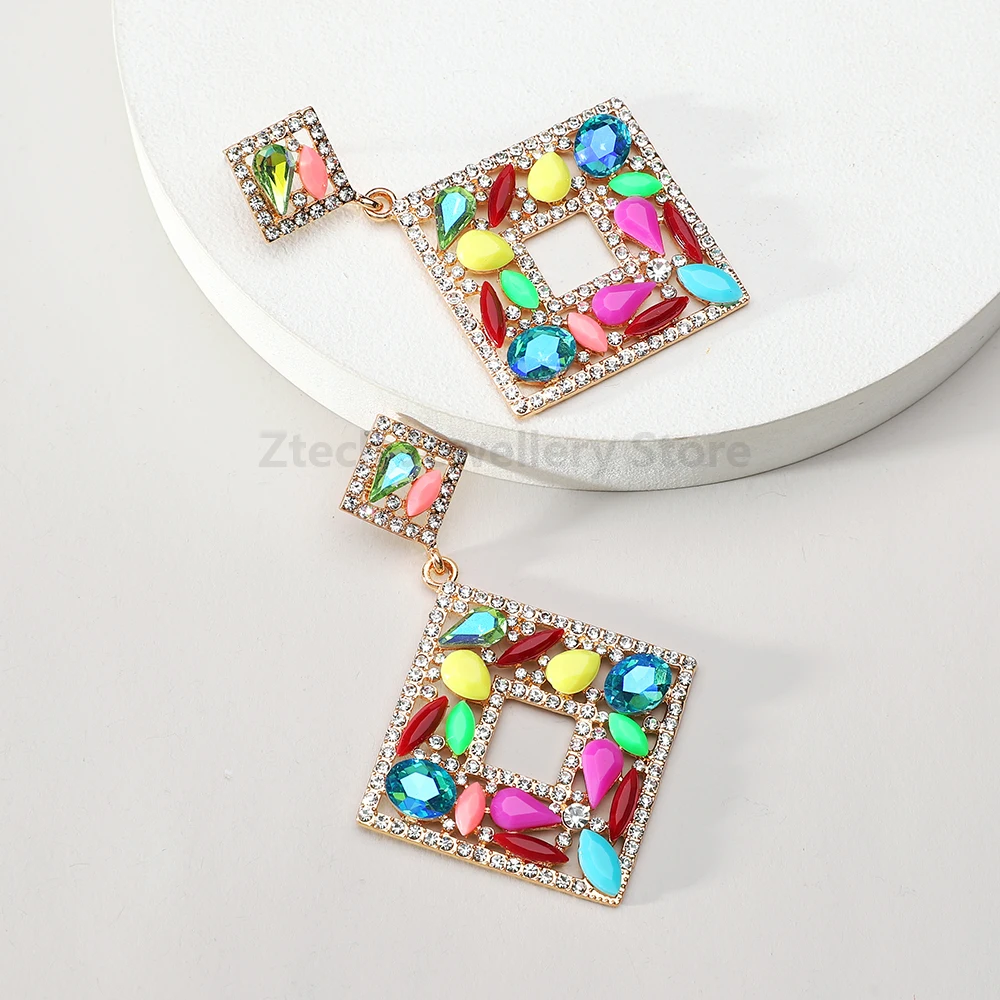 New Elegant Shiny Square Crystal Glass Decor Dangle Drop Earrings For Women Classic Versatile Popular Jewelry Ear Accessories