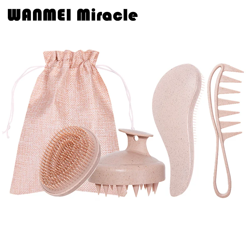 

4pcs/set Wheat Straw Comb Set Hair Care Kit Silicone Hair Massage Brush Wide Tooth Hairbrush Scalp Massage Comb with Gift Bag