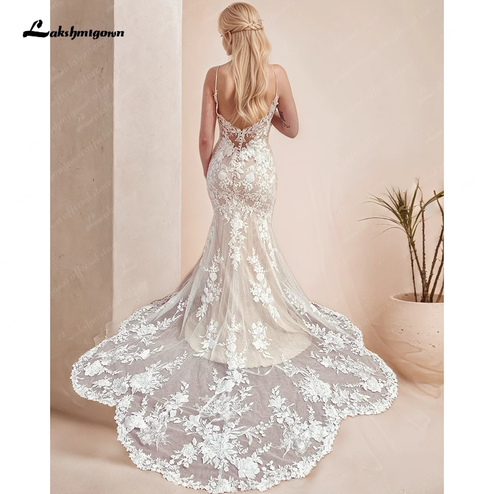 Sexy Meerjungfrauen-Brautkleider mit Spaghettiträgern in Champagnerfarbe, Spitzenkleid, Vestido De Noiva Sereia, Hochzeitskleider – Detail 6