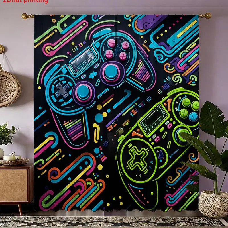 2pcs Gaming Curtains Neon Retro Arcade Style Video Game Pop Art Curtains Black Background Window Drapes for Gamer Boys Girls Roo