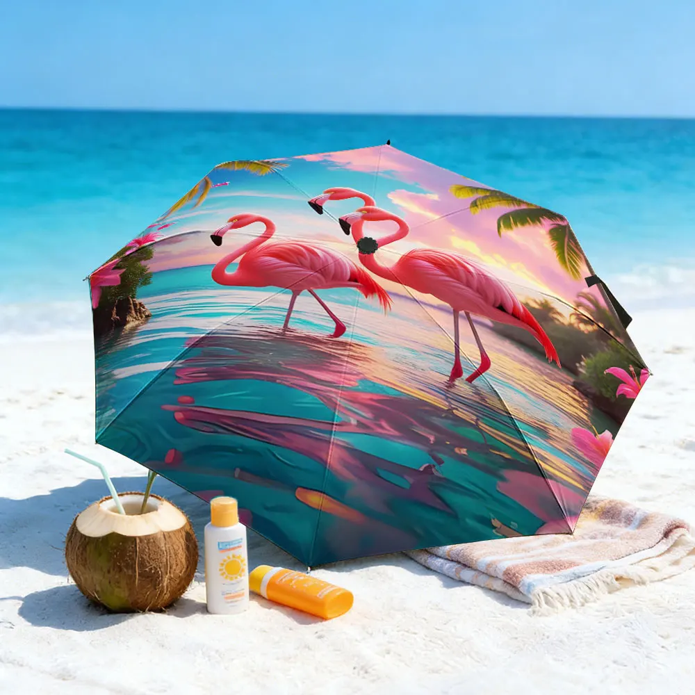 1PC Tropical Flamingo Design Umbrella by the Lake Print 8 Iron Ribs Folding Umbrella Auto-Open Fashion Sunshade