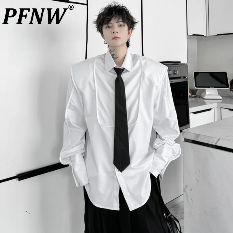 

PFNW 2024, осенняя простая стильная однотонная рубашка с лацканами и завязками, мужская свободная рубашка с длинным рукавом, повседневные мужские модные топы, новинка 28W4533