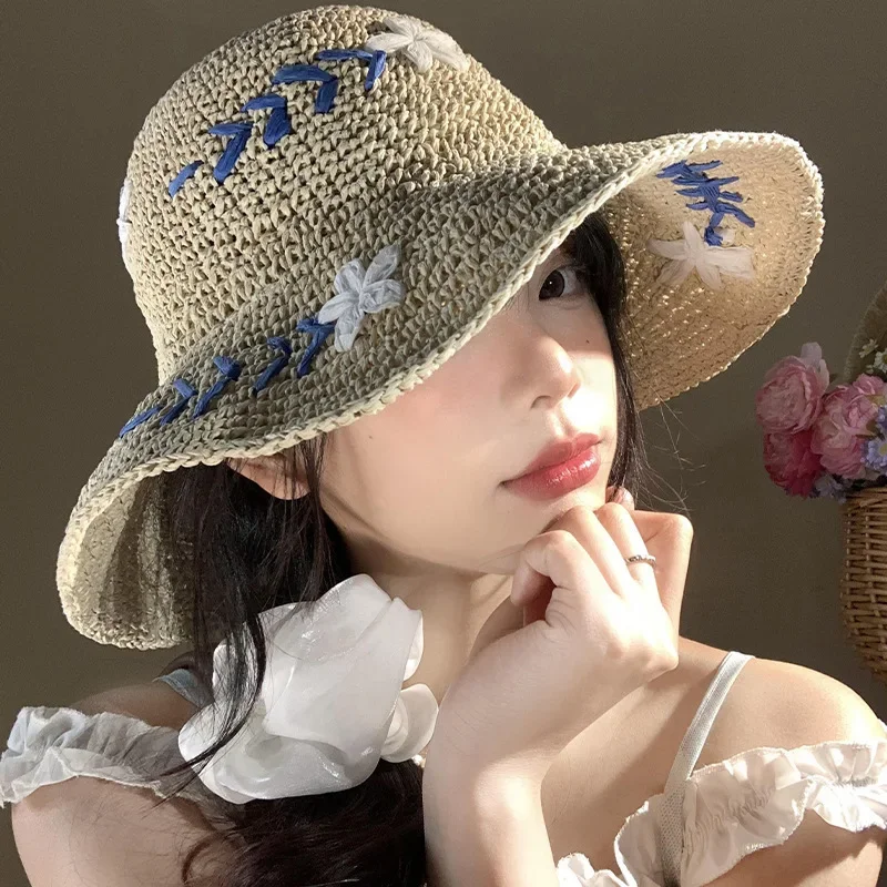 

Women's Summer Straw Hat - Breathable Hollow Knit Hat for Beach Vacation, French Style Fisherman Cap,