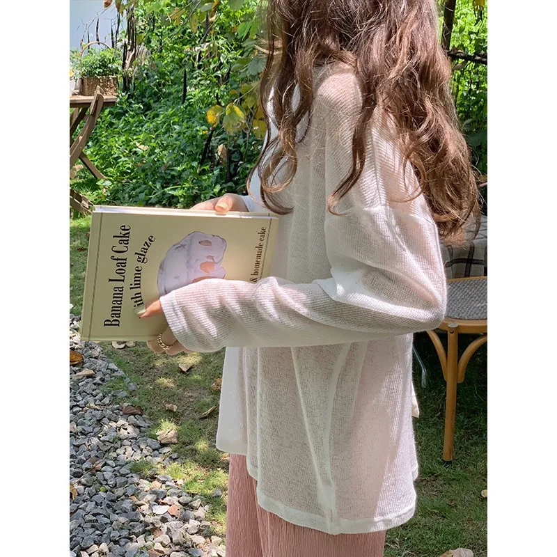 Thin Long Sleeve Sun Protective Blouse Knitted White T-shirt Women's Summer Loose Chic Niche Casual Slimming Top
