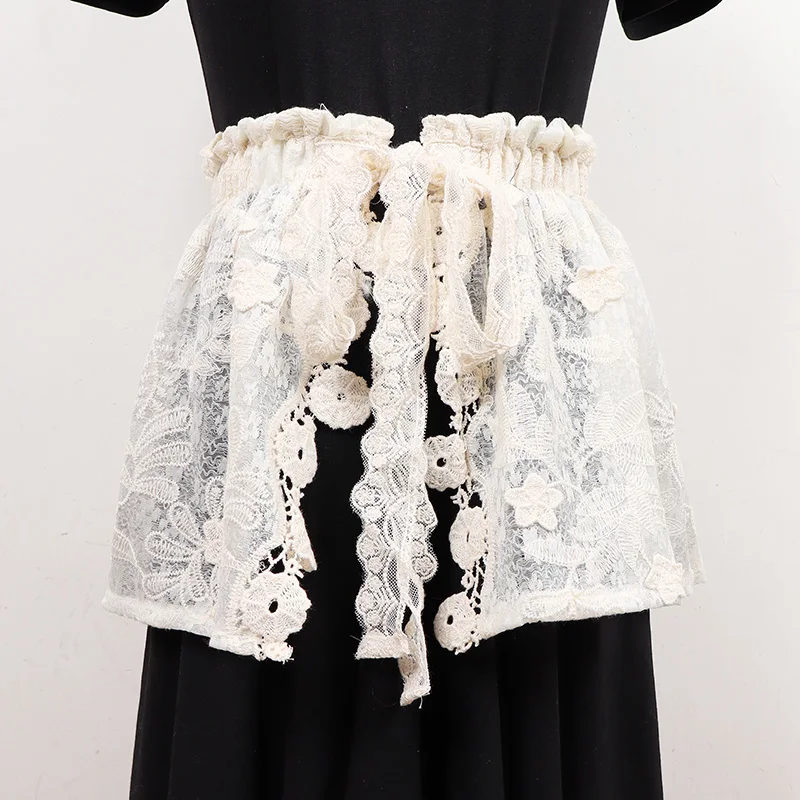 Luxury Design Beige Lace Self-tie Wide Waistbands for Women Spring Summer Lace Flower Elastic Waist Belts Shirt Dress Decoration
