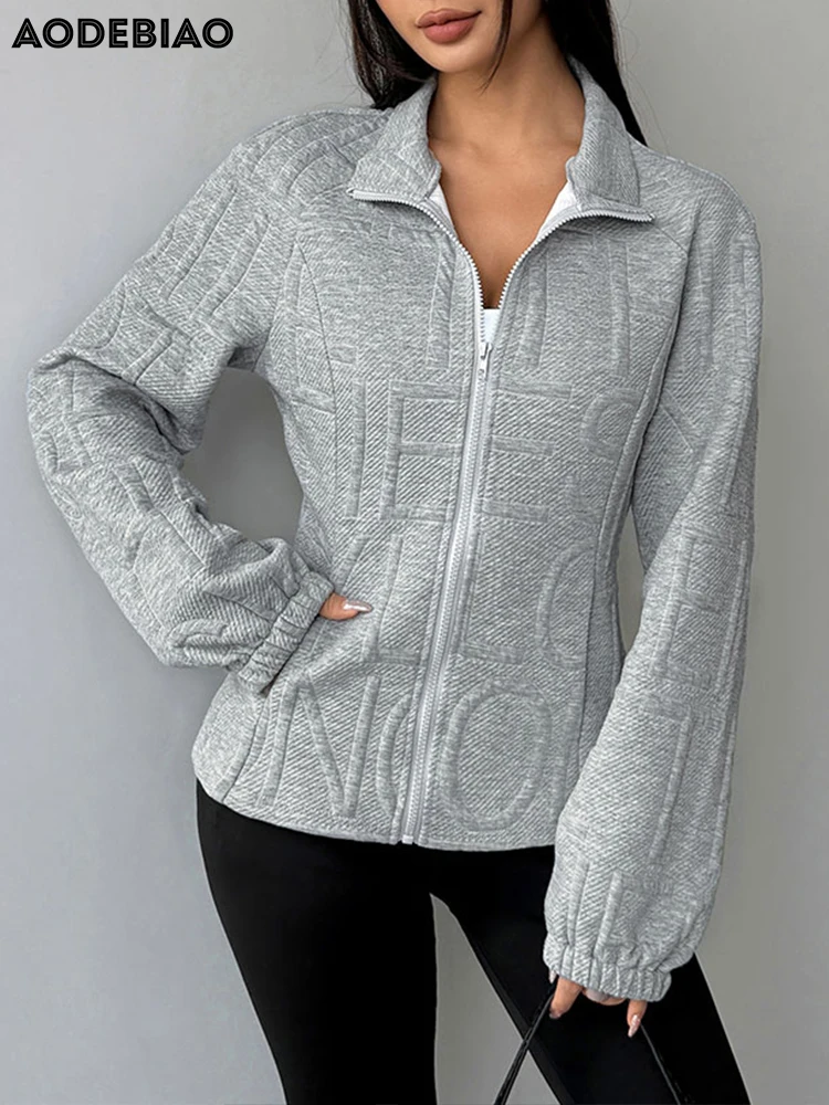 

AODEBIAO Women Grey Outerwear Keep Warm Long Sleeves Solid Fashion Zippers Cardigan Jacket Autumn Winter Casual New Coat Lady