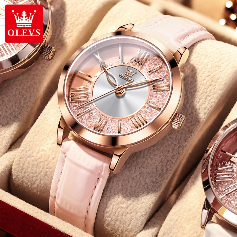 OLEVS Women's Watches Elegant Fashion Pink Shining Zircon Dial Leather Strap Original Quartz Wristwatch for Lady Waterproof New