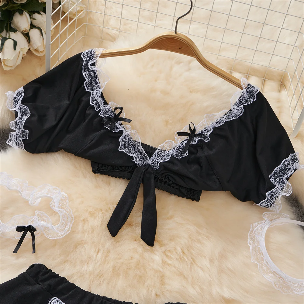 Sexy Maid Cosplay Uniform Sexy Lingerie V-Neck Crop Top Elastic Waist A-Line Short Skirt Set Hotsweet Women's Secret Clothes