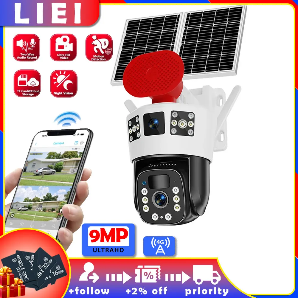 

LIEI 3+3+3 9MP 14W Solar 4G Network Camera Surveillance Camera Dual Lens Camera Recording Battery Outdoor Support 128G TF Card