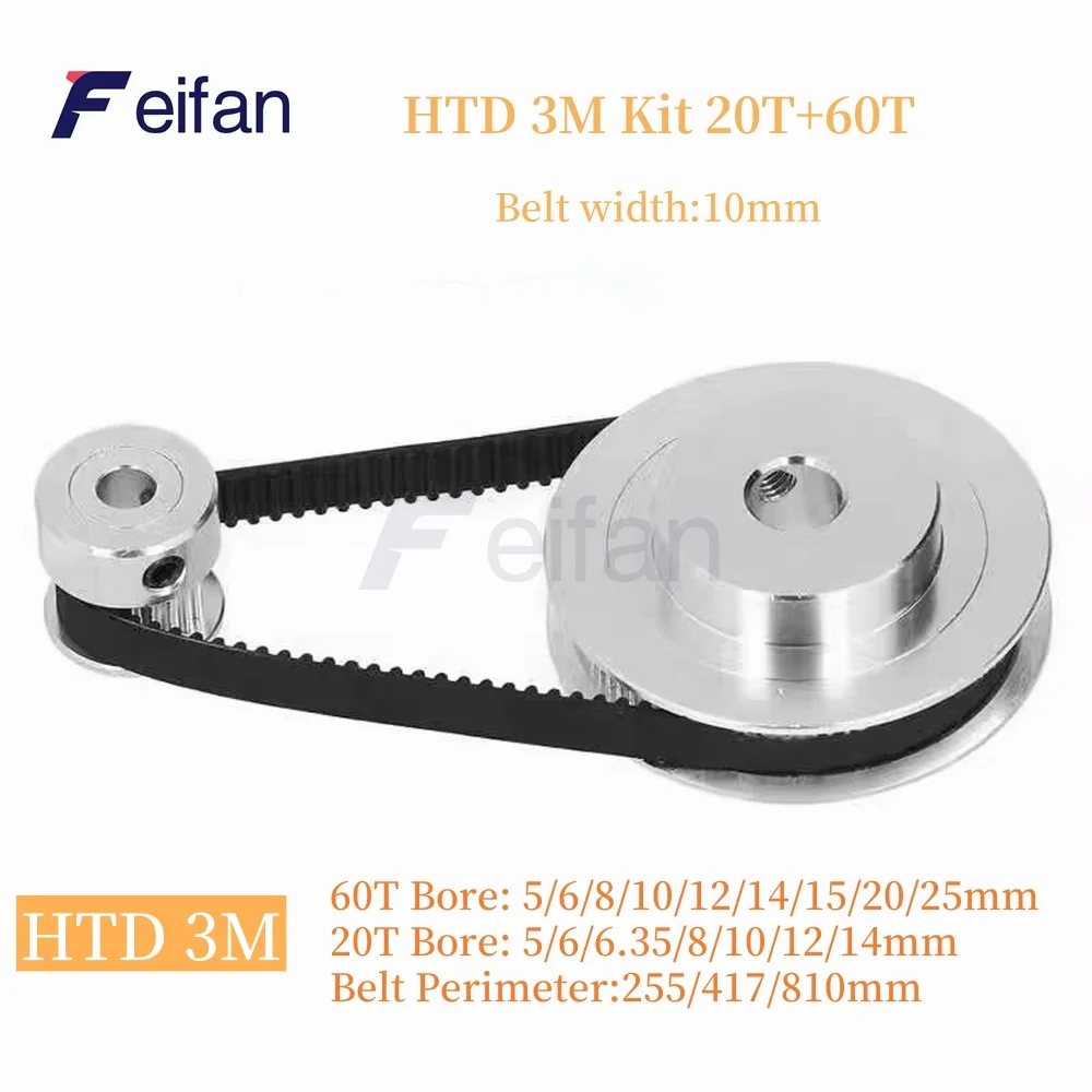 60T 20T HTD 3M Pulley Set For 3:1 Belt Width 10mm 20Teeth Belt Pulleys 3M Synchronous Wheels Set 60Teeth HTD3M Timing Pulley Kit