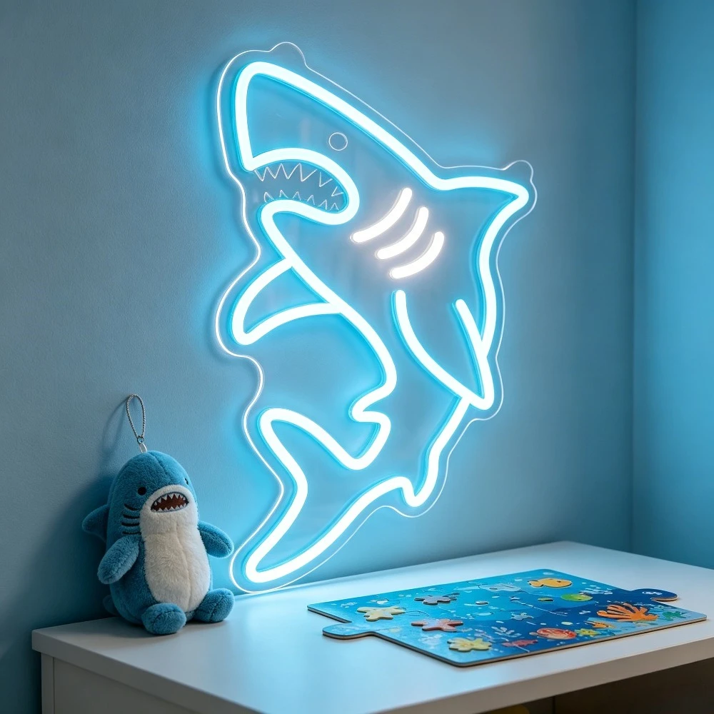 Shark Neon Sign LED USB Reusable Underwater Animal Night Light for Boys Kids Room Nursery Ocean Theme Desk Table Bedside Decor