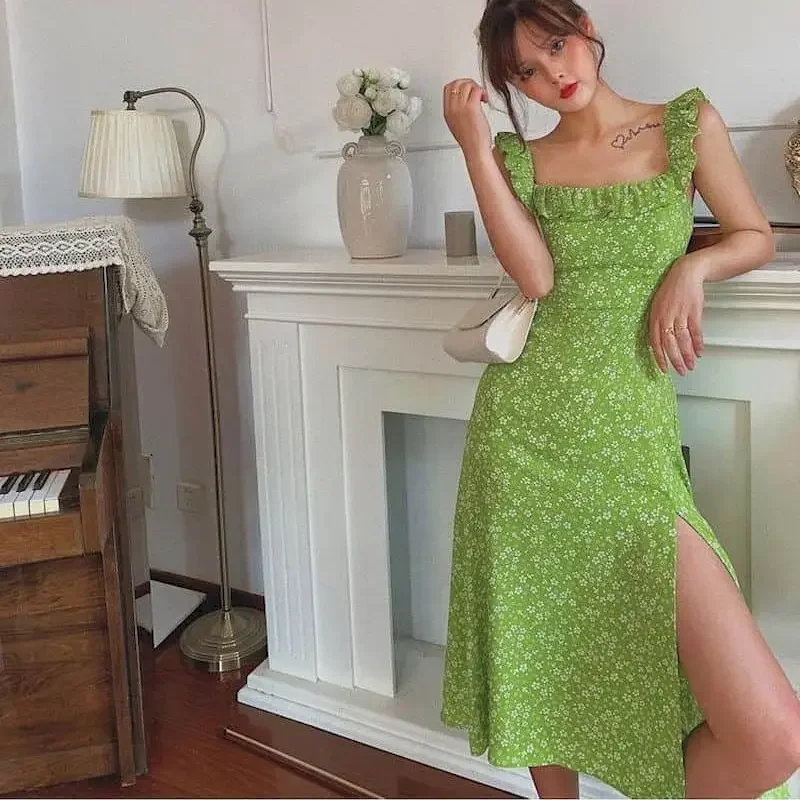 Women Dresses Sleeveless  Green Floral Square Neck Slip Dress Korean Style Tight Sexy Backless Mid-calf Dress for Women Clothing