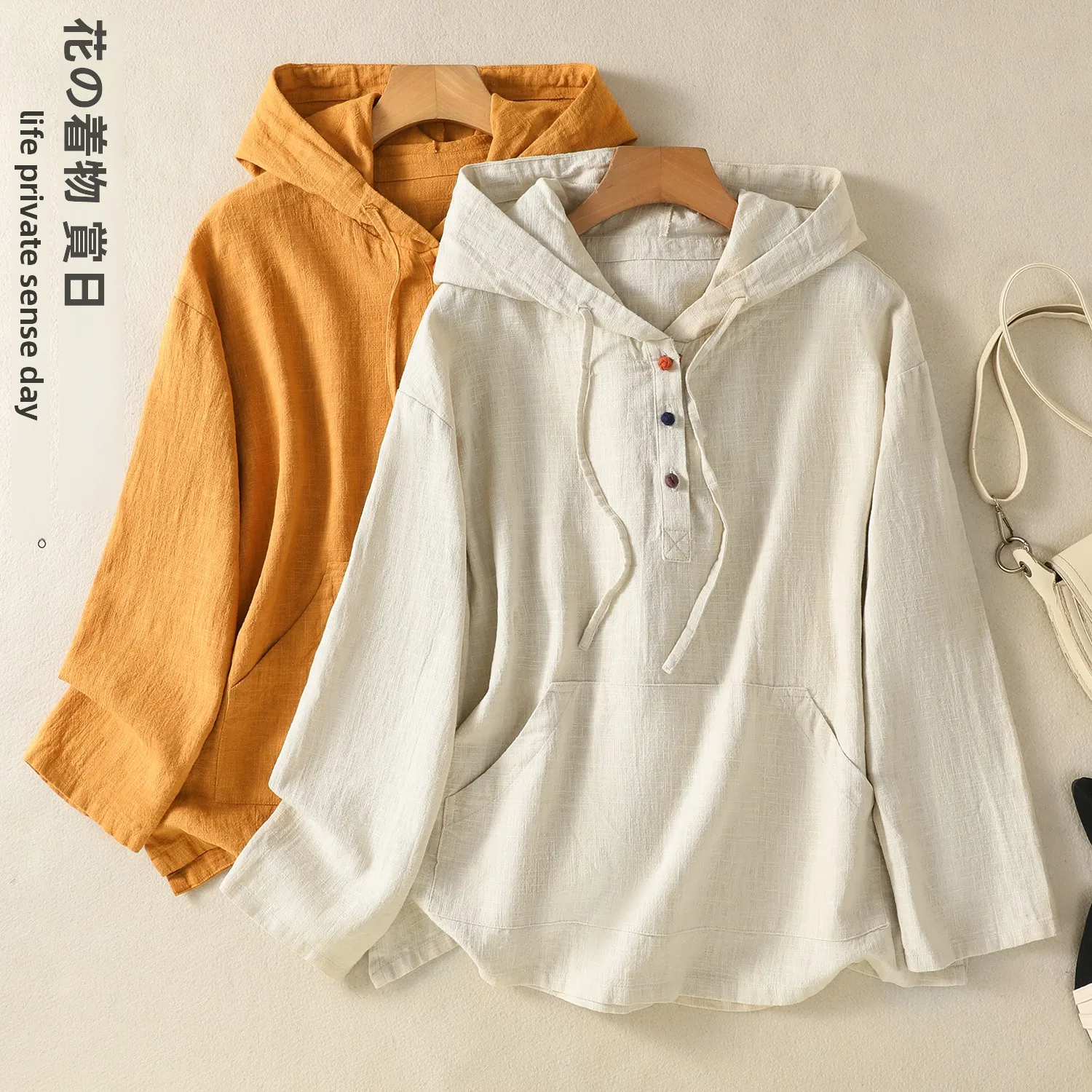 Retro Japanese Style Long Sleeve Hooded Shirt Women's Early Autumn Color Block Button Loose Slimming Top Trendy Cotton Blend