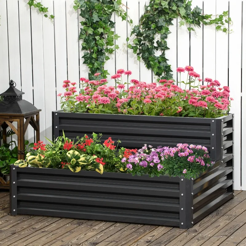 Jardinière carrée de jardin à fond ouvert 2 niveaux pour herbes, légumes, fruits, fleurs 120 x 101 x 58 cm gris foncé
