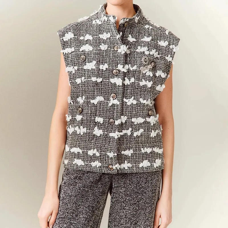 

Весенне-летний новый жилет, женский высококачественный шерстяной тканый жилет с трехмерным цветком, грубая шерстяная куртка без рукавов с воротником-стойкой