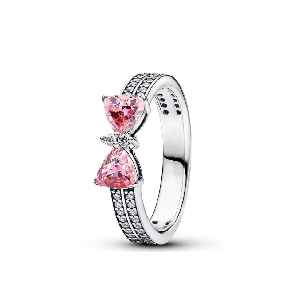 Hot Selling Size 6 7 8 9 925 Sterling Silver Rings Ring For Women Original Pink Bow Wedding White Crystal Luxury Jewelry