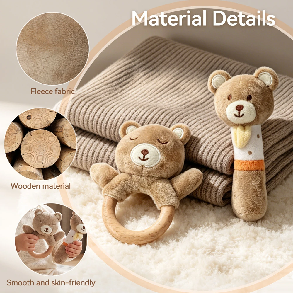 Cotton Bear Rattle 2 Piece Set Built in Bell Fleece Fabric Wooden Ring Baby Toys Tactile Sensory Toy 0 6 Months Newborn Gift