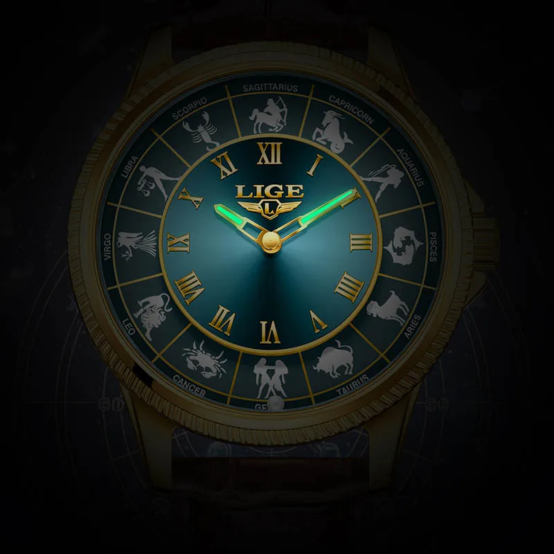LIGE New 12 Constellation Big Dial Watch Men Top Brand Luxury Leather Men's Quartz Wristwatches Fashion Waterproof Watch For Men