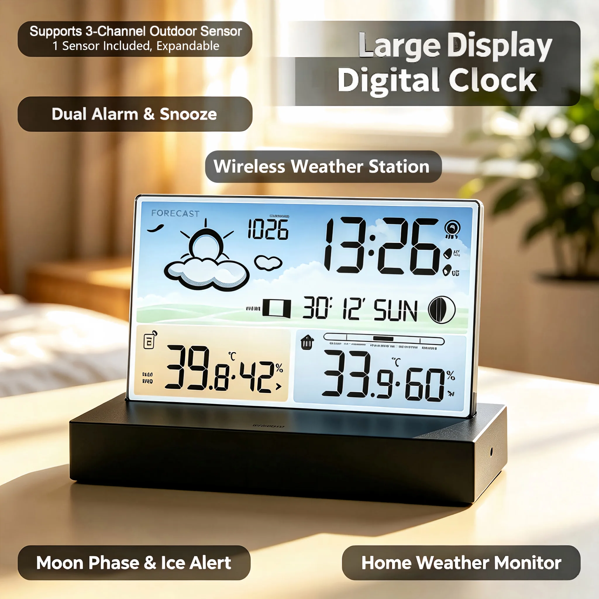 Large Display Digital Alarm Clock, Wireless Weather Station with Outdoor Sensor, Indoor Temp Humidity Monitor, for Bedroom Desk