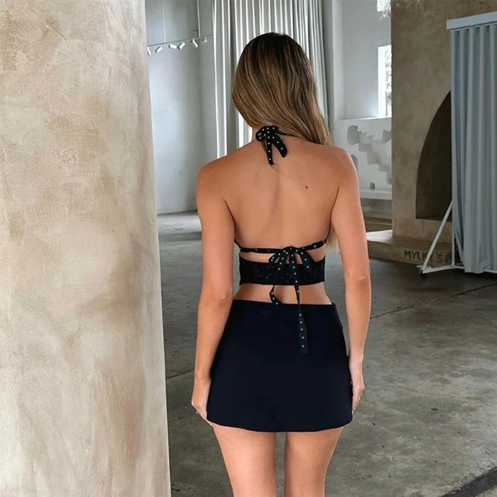 Ellolace Willowy Women's Dress Dark Romance Backless Splicing Hollow 2PC Set Sexy Halter Metal Corns Thong Hot Girls' Clubwear