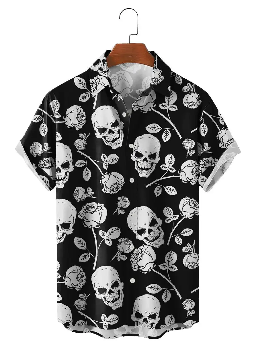 Camisas florales para hombre, ropa de calle con estampado 3D de calavera divertida, camisetas de manga corta, camisa hawaiana con solapa estampada, moda de verano