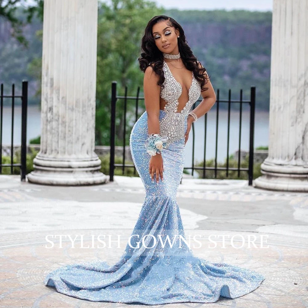 Sparkly Sheer O Neck Long Prom Gowns For Black Girls 2024 Bead Sequined Birthday Party Dresses Mermaid Evening Dress Customized