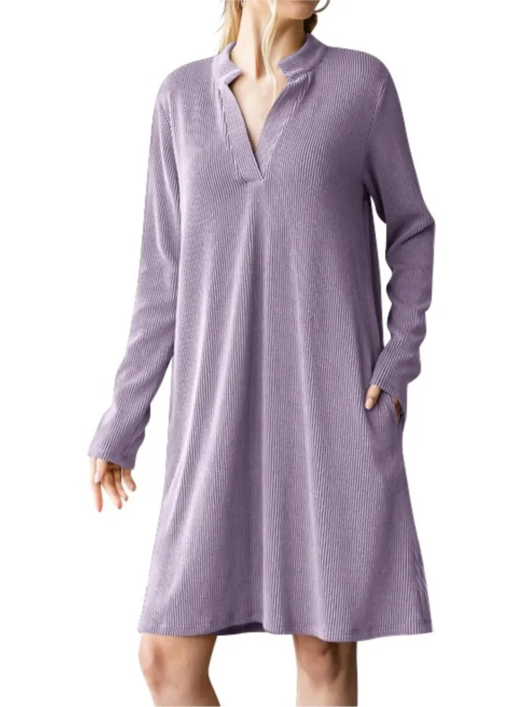 

2024 Spring Autumn New Product Women's Solid Color Sexy V-neck Long Sleeve Loose With Pocket Casual Loose Dress
