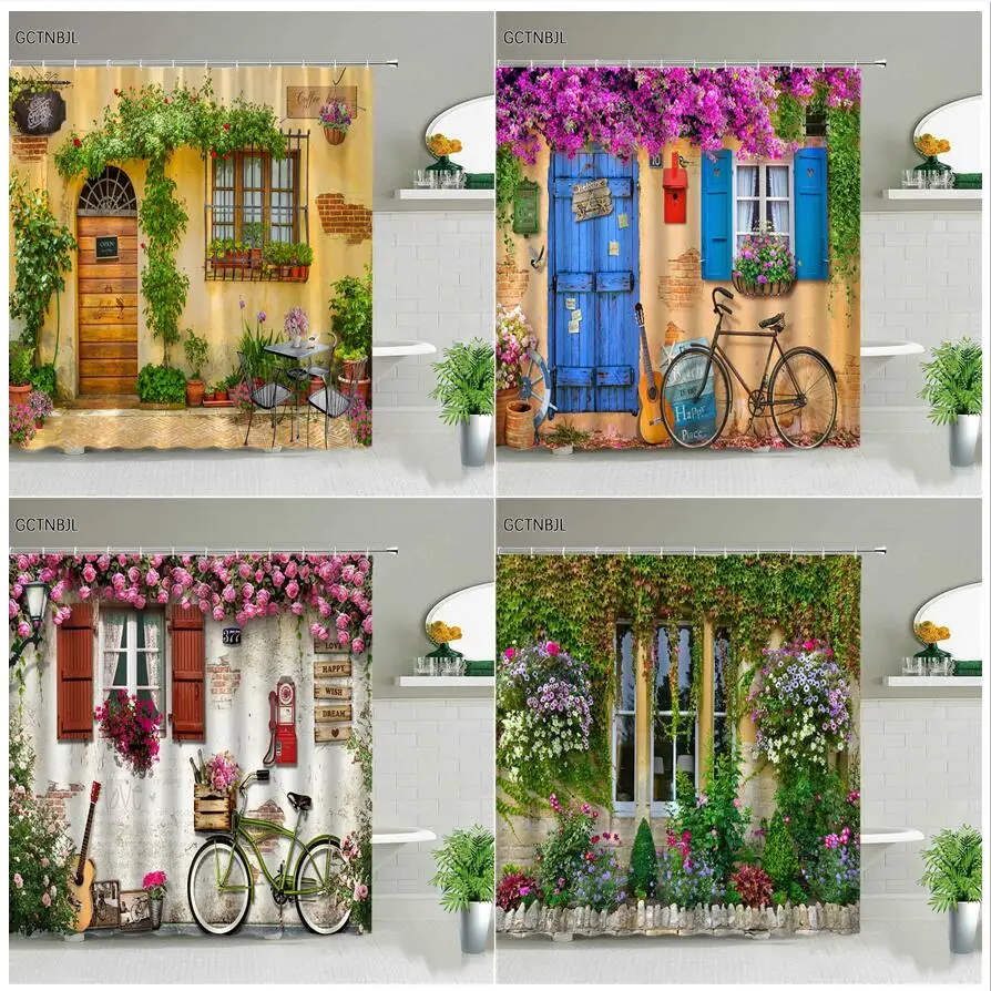 Street Flowers Plant Shower Curtain Retro Building Old Door Rural Scenery Background Wall Decor Hanging Curtains Set With Hooks