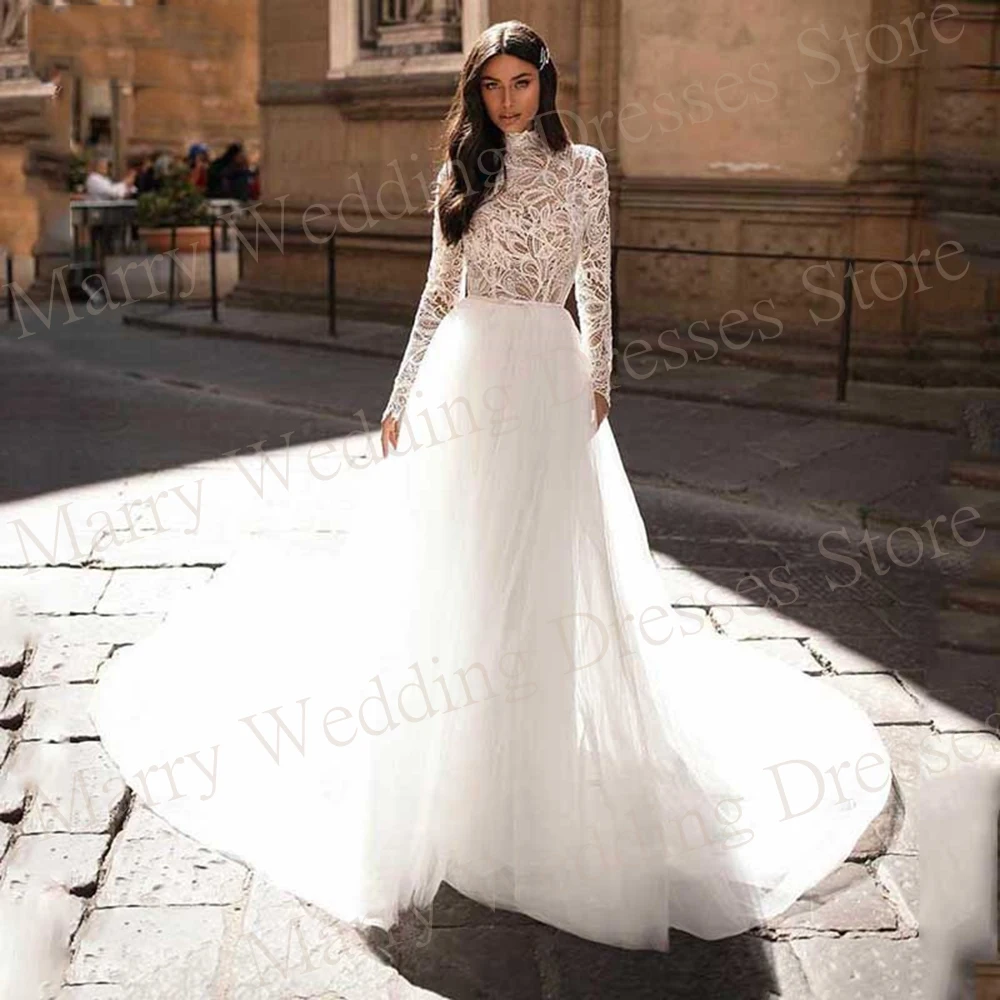 

Graceful Exquisite A Line Women's Wedding Dresses Modern Appliques Lace Bride Gowns New High Neck Long Sleeve Vestidos De Novias