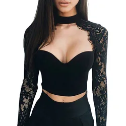 Top Women Sexy Lace Crop Tops Long Sleeve Push Up See-through Low-cut Slim Tees Sexy Club y2k Streetwear