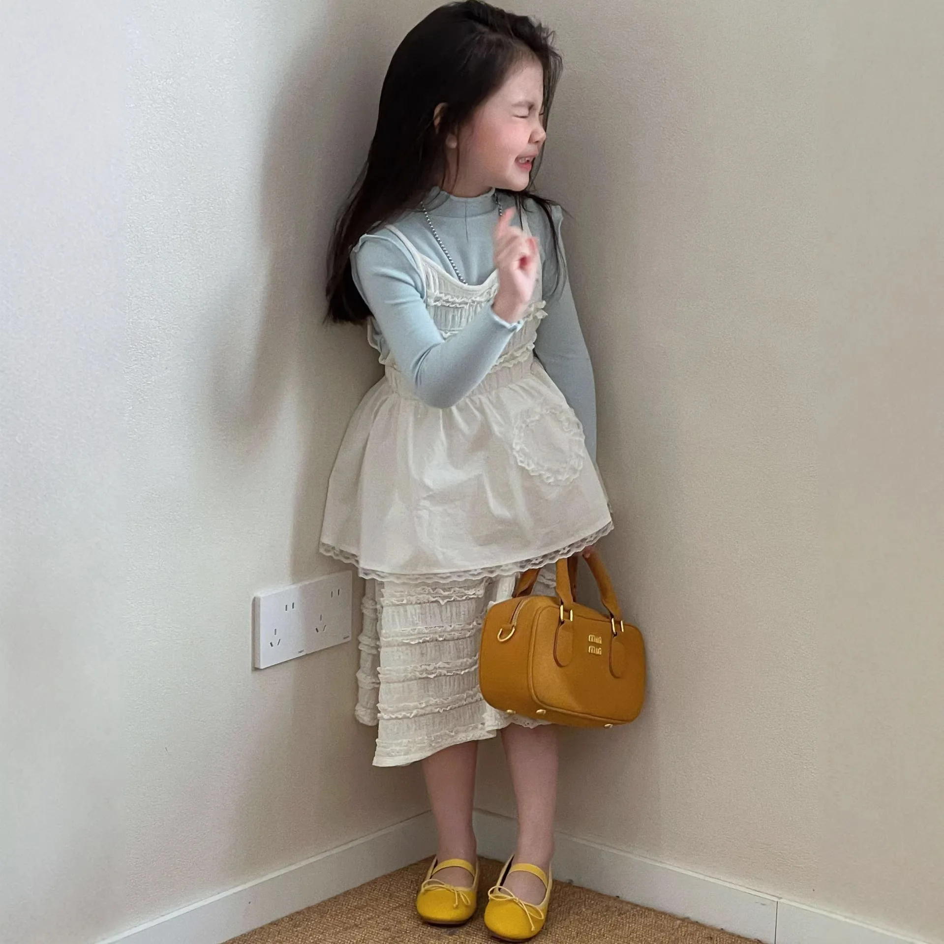 2026 Spring Summer New Korean Lace Drawstring Long Sleeve Strap Dress for Girls Fold Up Tank Top Dress Three Piece Set