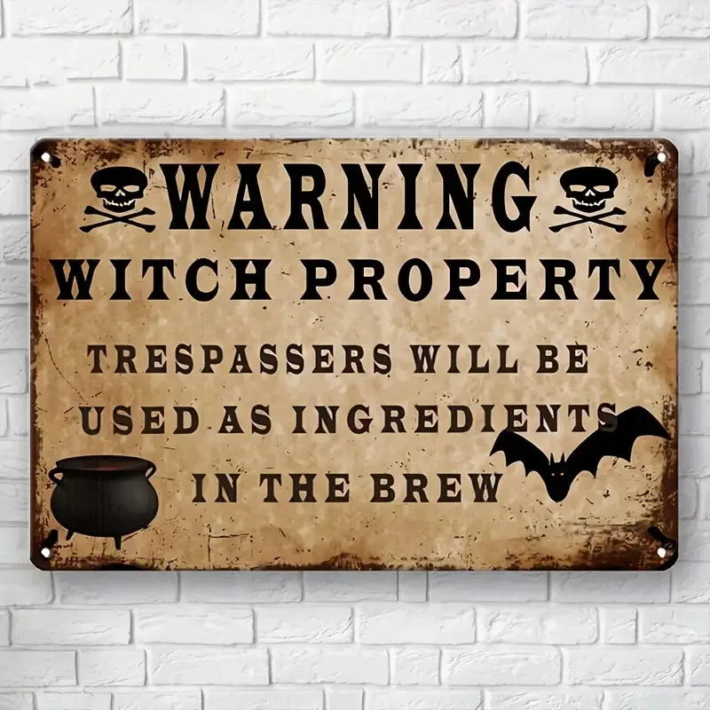 1 قطعة علامات تحذير الممتلكة للهالوين المسطحة 2D من الألومنيوم - بطاقة اللوحة المعدنية المزخرفة بنمط عتيق