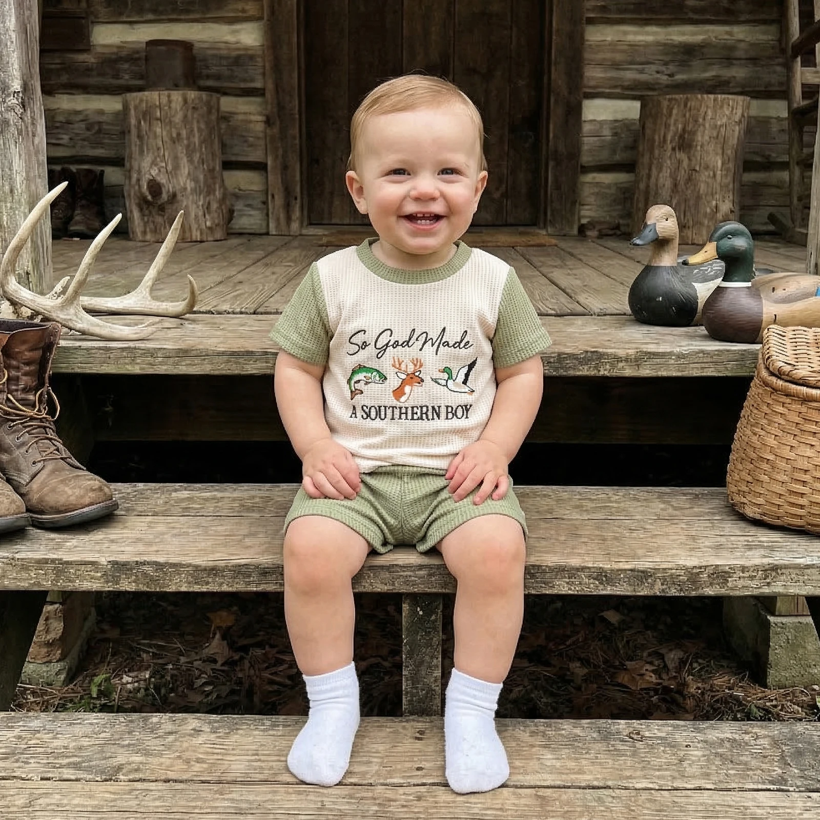 Toddler Boys Summer Outfits Fish Wild Goose Letter Embroidery Short Sleeve Waffle T-Shirts Elastic Waist Shorts 2Pcs Clothes Set