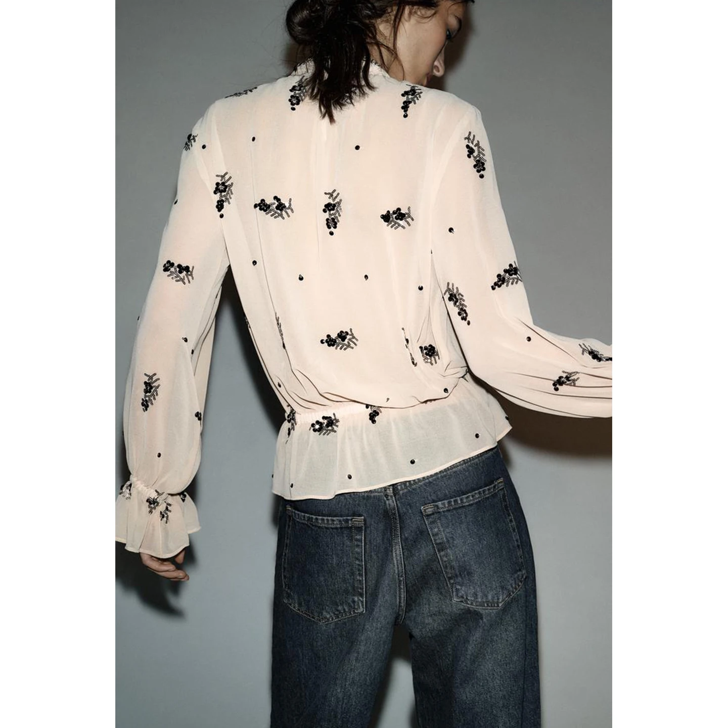 خريف شتاء جديد وصول المرأة حصيرة Sle الوقوف طوق طويل Sve مطاطا هيم حبة شبه شفافة irt عادية Lo... #4