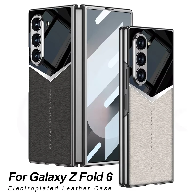 

For Galaxy Z Fold7 Case Luxury Plating Leather Case For Samsung Galaxy Z Fold 7 6 Outer Screen Glass Plastic Frame Cover