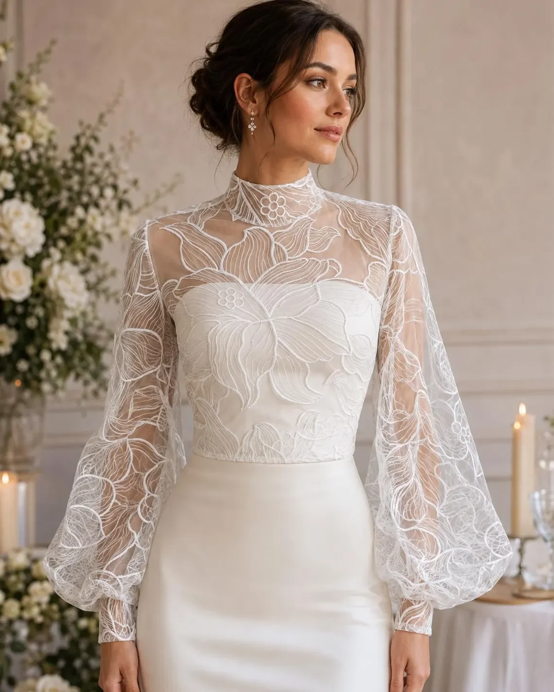 Customized Lace Puffy Long Sleeves Bridal Topper with Embroidered Lace Sheer High Neck Bride Jacket Shrug Wedding Blouse