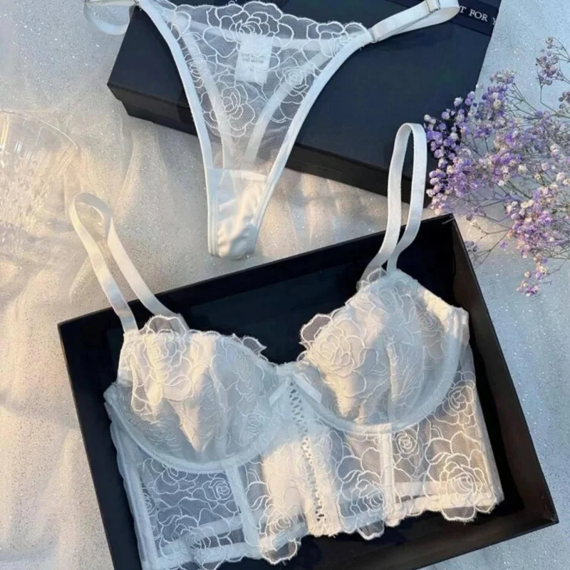Bikini Fishbone Lace Vest Bra Set Thin Bow Embroidery Sexy Lingerie