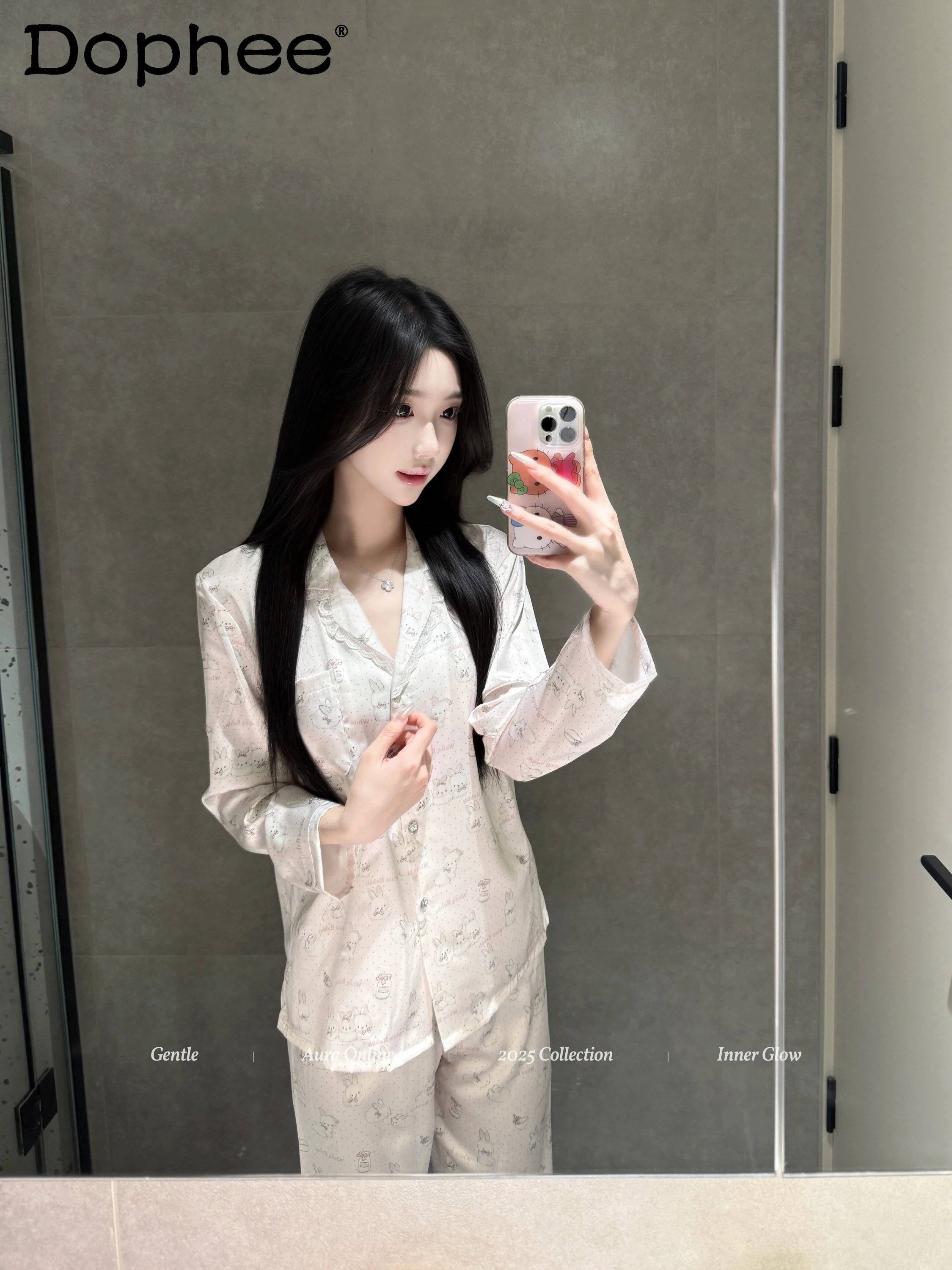 

Japanese Lace Lace Long-sleeved Loungewear Sweet Print Cute Casual Comfortable Soft Pajama Set