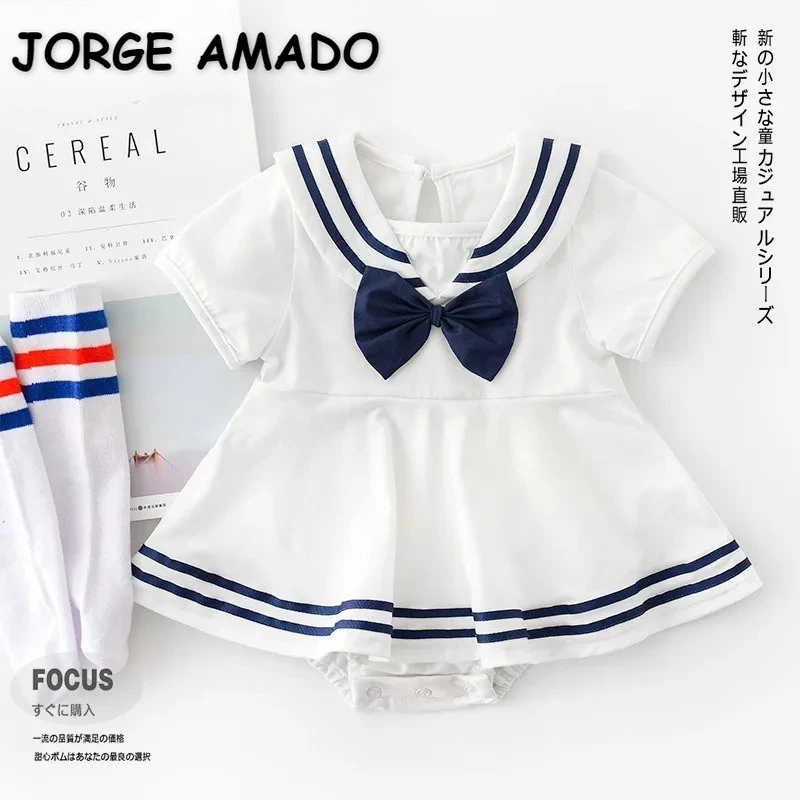

New Summer Baby Girl Bodysuit Navy Collar Bow Solid Color Short Sleeves Sailor Neck Infant Jumpsuit Newborn Clothing H02101