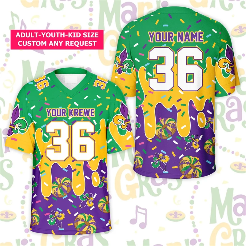 Fashion Mardi Gras Drip Football Jersey Custom Name Number Sprinkles Ice Cream Fleur De Lis T Shirts Loose Breathable Tees Tops
