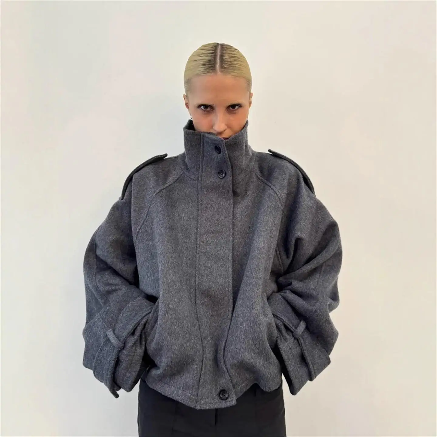 

American Retro ey Woolen Coat Women's Autumn New High-End Loose Casual Versatile Woolen Coat Long Sve Thiened Online S