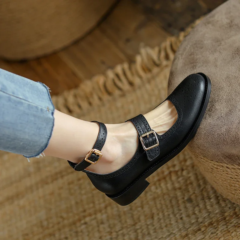 2024 new spring Women pumps natural leather 22-25cm cowhide+pigskin+sheepskin full leather Retro buckle brogues women shoes