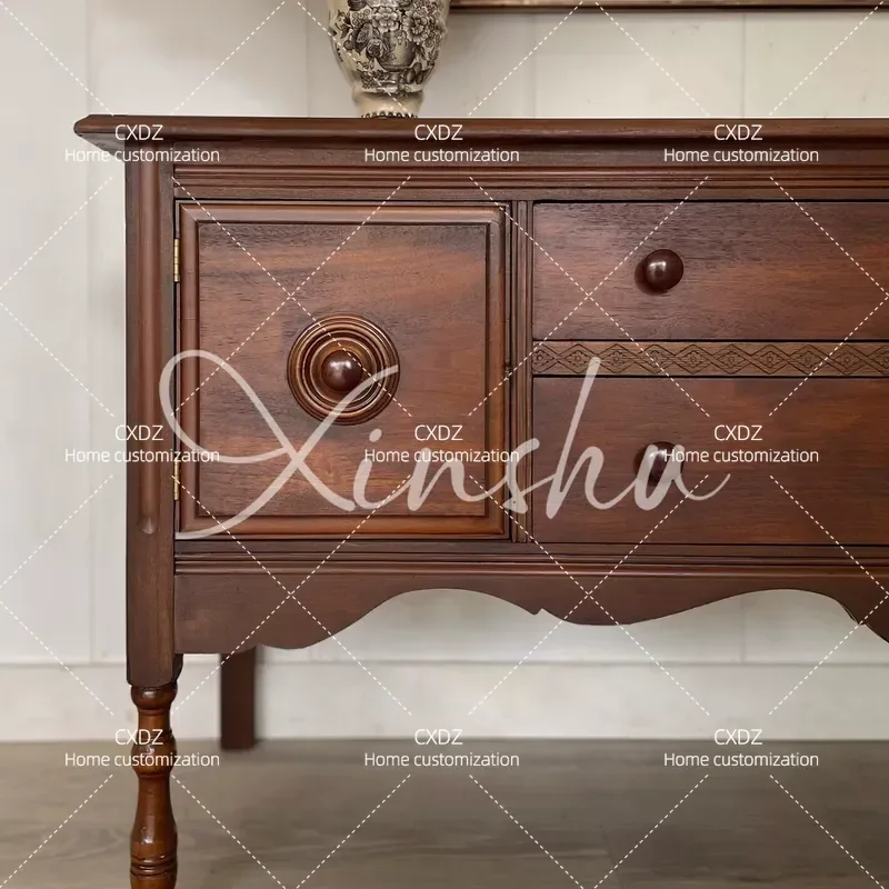 Medieval Style Solid Wood Dining Side Cabinet Small Apartment Living Room Tea Cabinet Retro Integrated Storage Against Wall