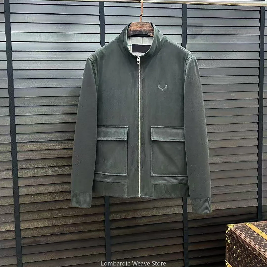 سترة LP من جلد الغزال الإيطالي برقبة واقفة وأكمام محبوكة كاجوال مطرزة #2