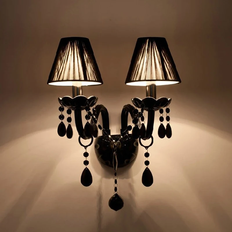 

Американская Классическая настенная лампа с черным тканевым покрытием, стеклянная лампа с двумя головками в стиле ретро, освещение E14, украшение для ресторана, светодиодный Кристалл