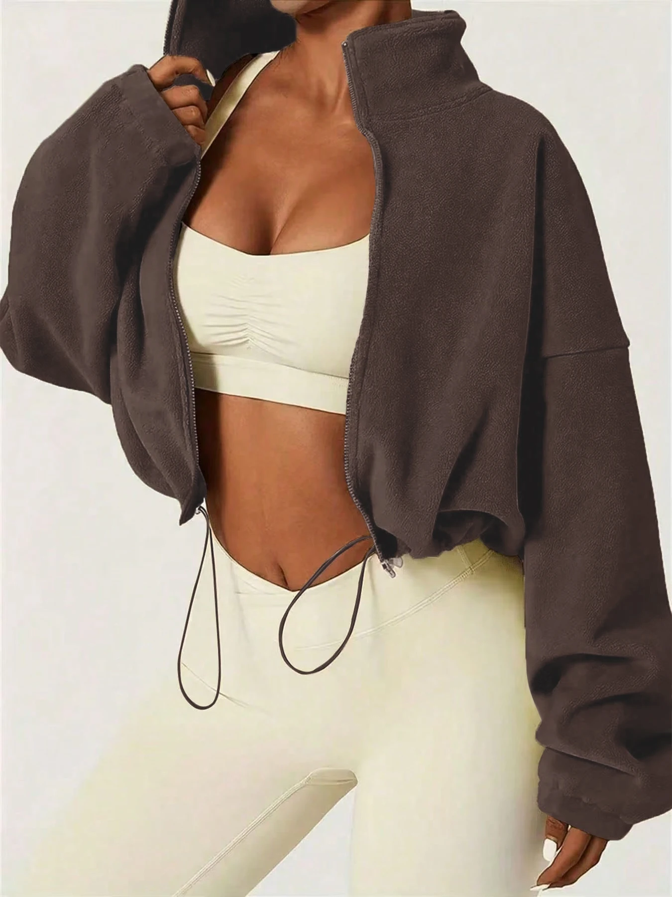 

Женская осенне-зимняя флисовая куртка, воротник-стойка на молнии, повседневное теплое короткое пальто для женщин, повседневная верхняя одежда