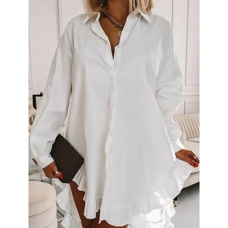 

Plus Size 1XL-5XL Women Fashion White Mini Shirts Dress Ladies Lapel Long Sleeve Casual Vintage Blouse Loose